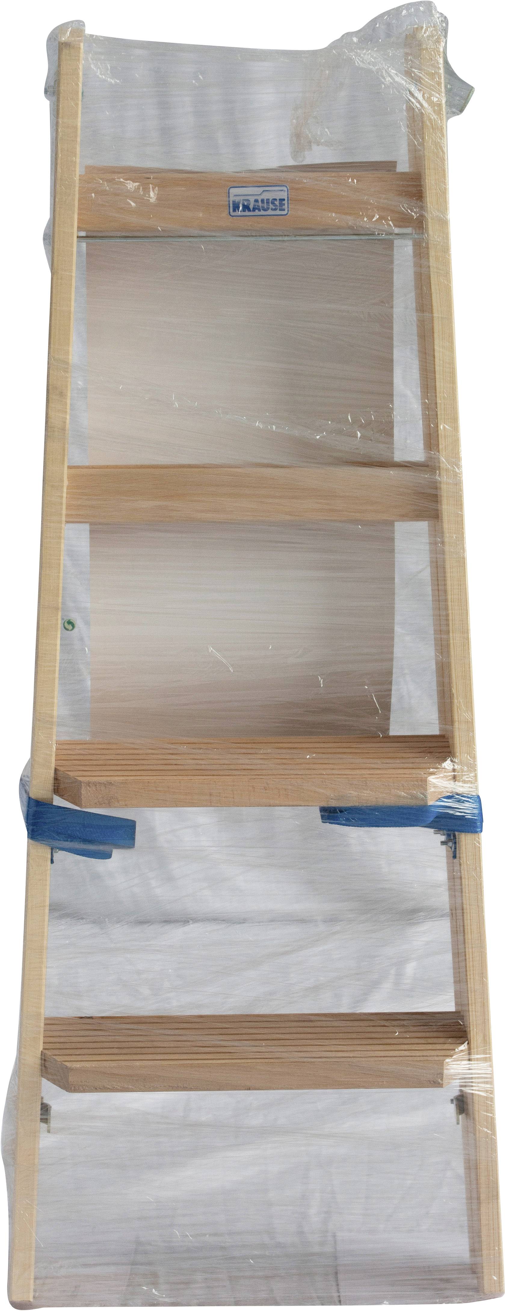 Stehleiter aus Holz mit vier Stufen, in Schutzfolie verpackt.