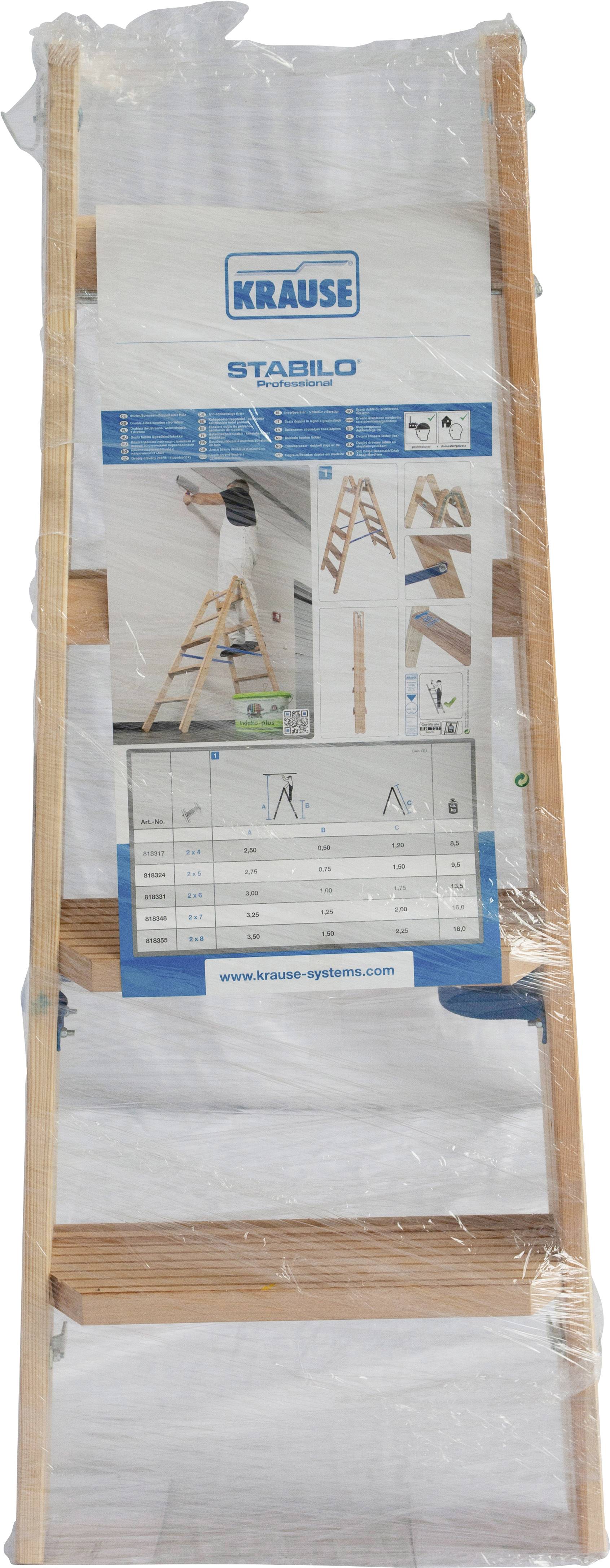 Holzleiter von Krause, Modell 'Stabilo', in Verpackung. Zeigt Anwendungsbeispiele für Innenarbeiten mit technischen Details.