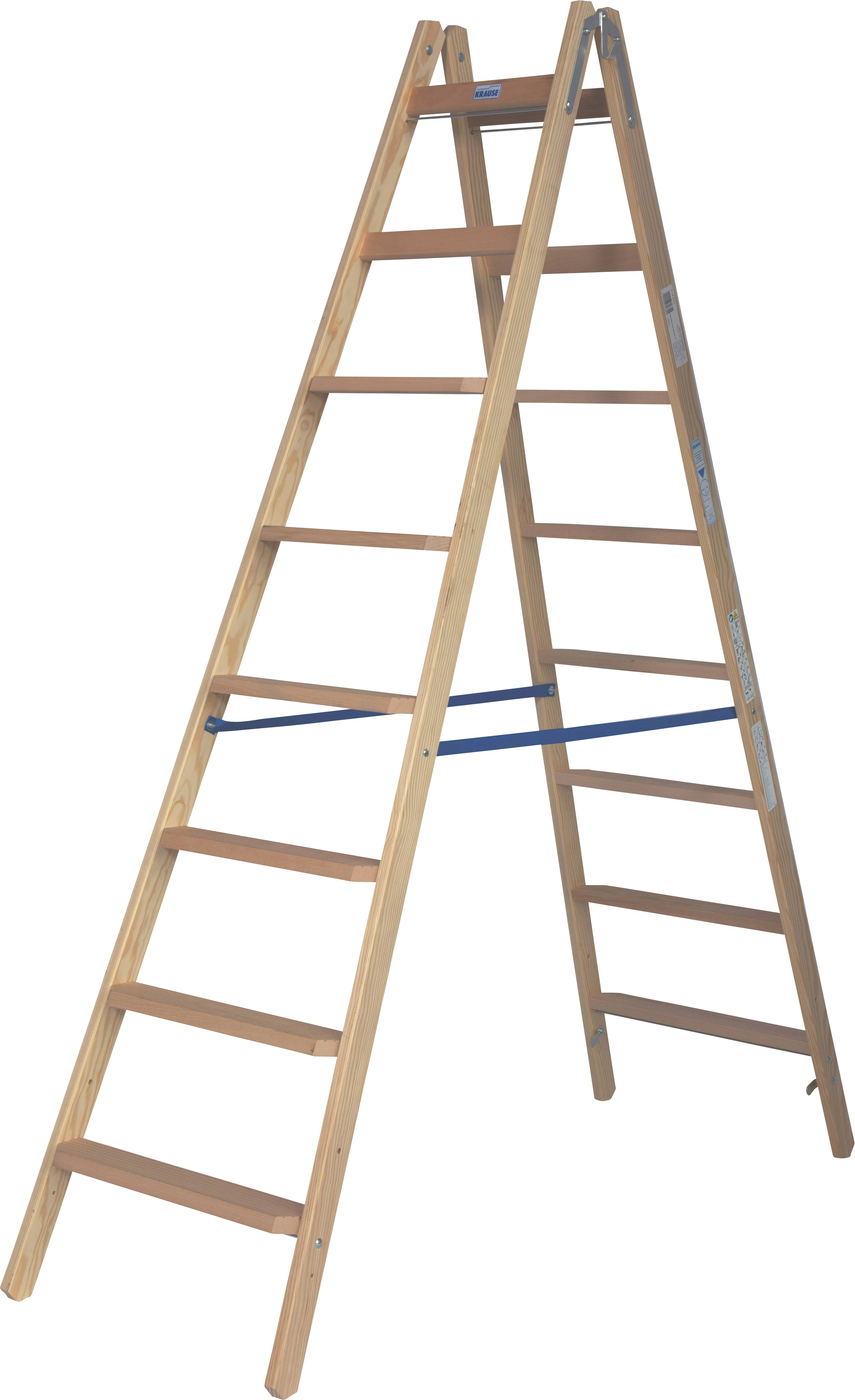 Holzleiter mit zehn Sprossen, in A-Form aufgestellt. Geeignet für Innen- und Außenarbeiten.