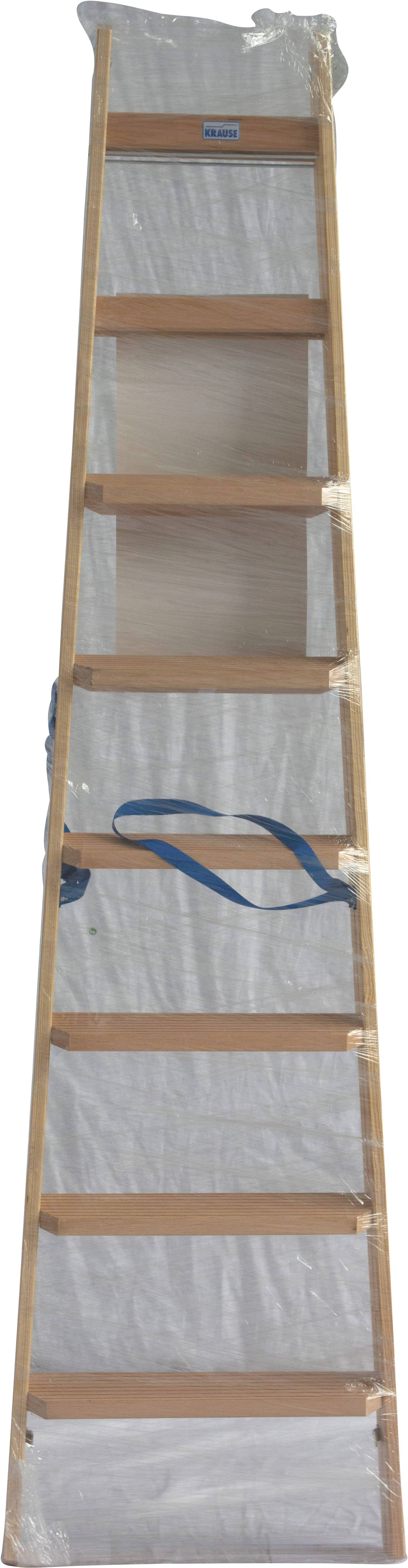 Holzleiter mit mehreren Sprossen, neu verpackt in Plastikfolie. Eine blaue Schnur ist um die Leiter gebunden.
