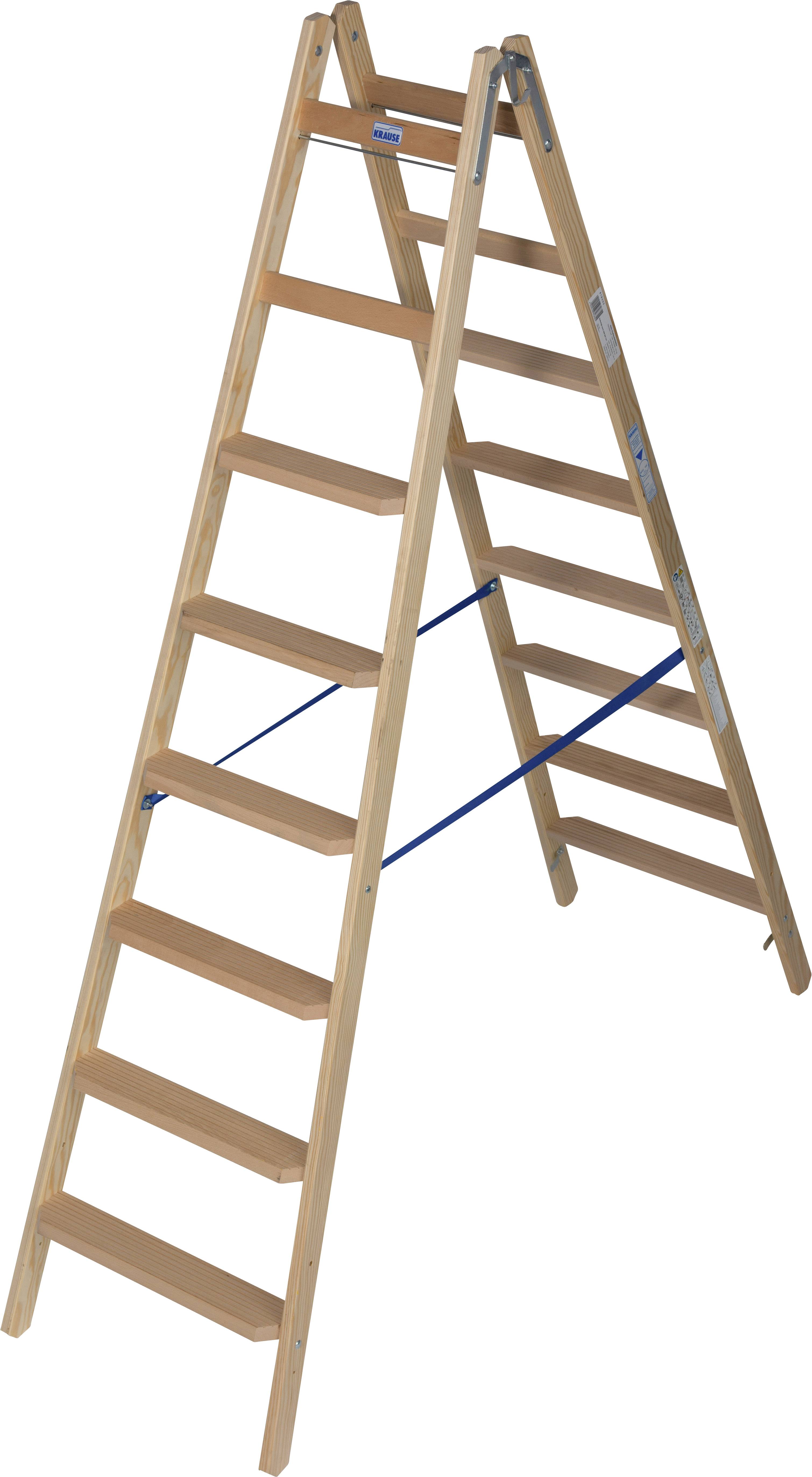 Holzleiter, freistehend, mit acht Stufen auf jeder Seite, für Arbeiten in der Höhe.