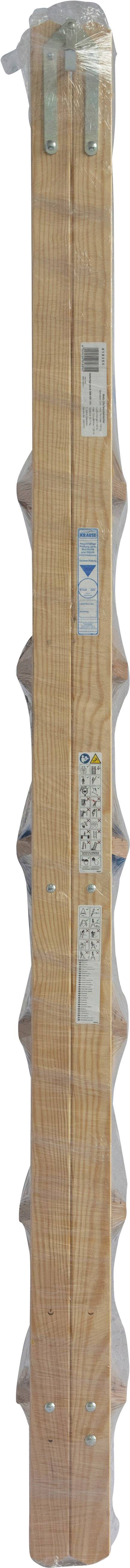 Holzlatte mit Metallklammern in gleichen Abständen. An der Latte sind mehrere Etiketten und ein blauer Aufkleber angebracht.