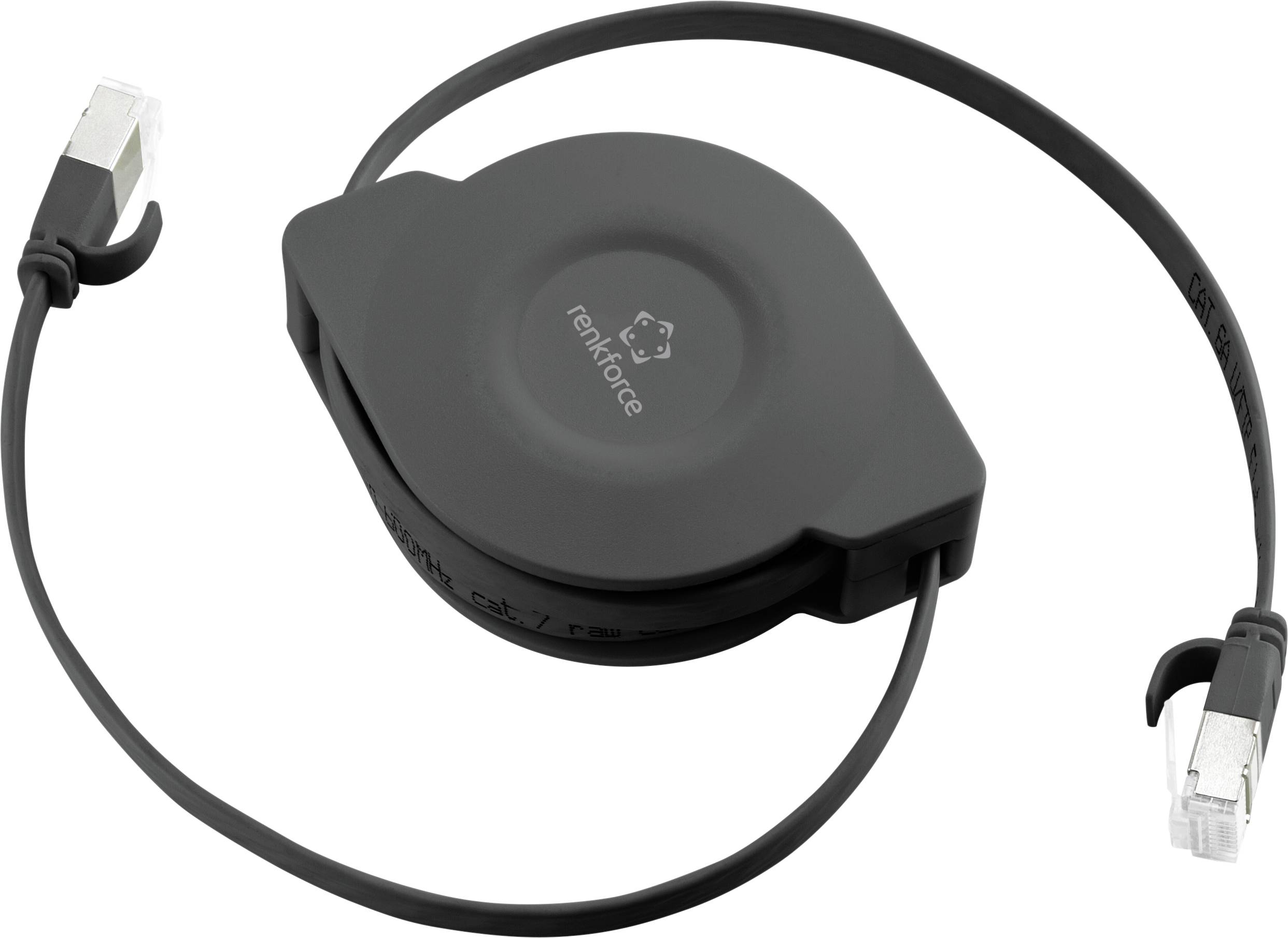 Renkforce RF-4476386 RJ45 Netzwerkkabel, Patchkabel CAT 6a U/FTP 1.50m Schwarz Flache Ausführung, inkl. Aufroller 1St.