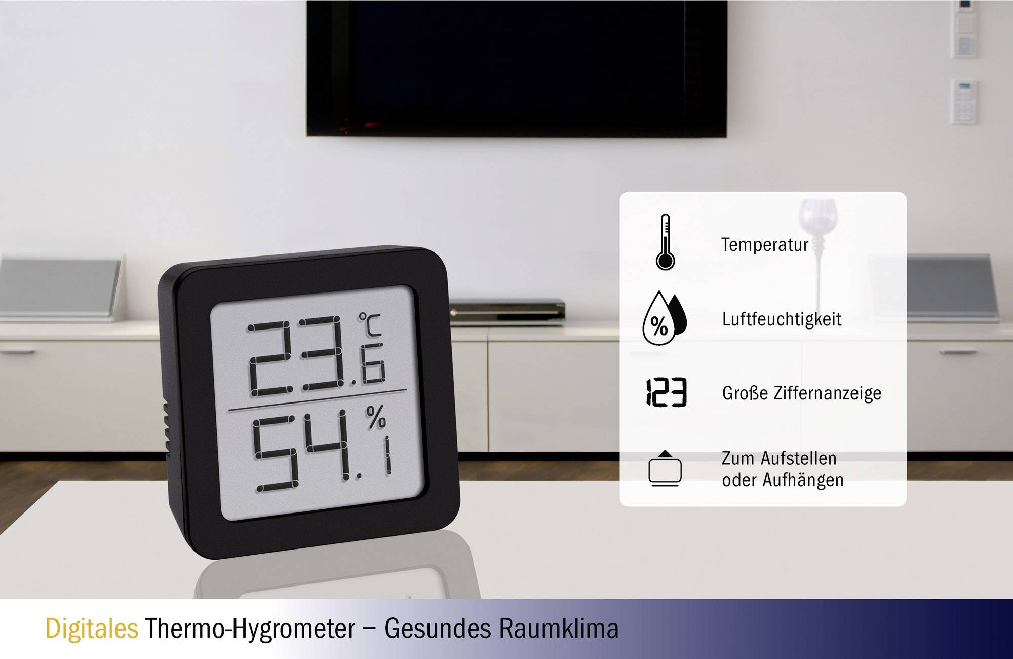 Ein digitales Thermo-Hygrometer zeigt '23.6°C' und '54.1%' an. Funktionen: Temperatur, Luftfeuchtigkeit, große Ziffernanzeige.