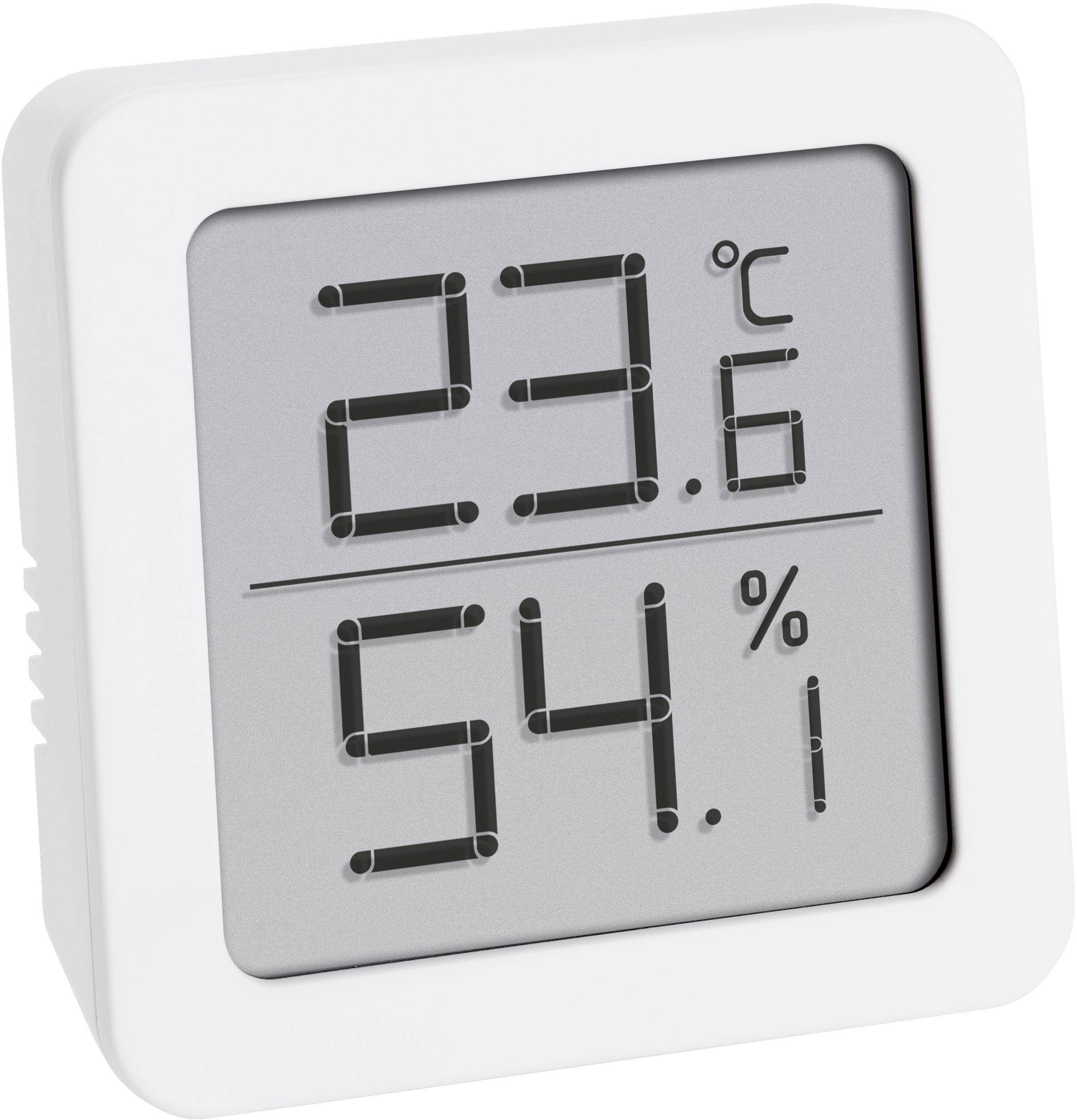 Digitales Thermometer mit Hygrometer zeigt 23,6 Grad Celsius und 54,1 Prozent Luftfeuchtigkeit.