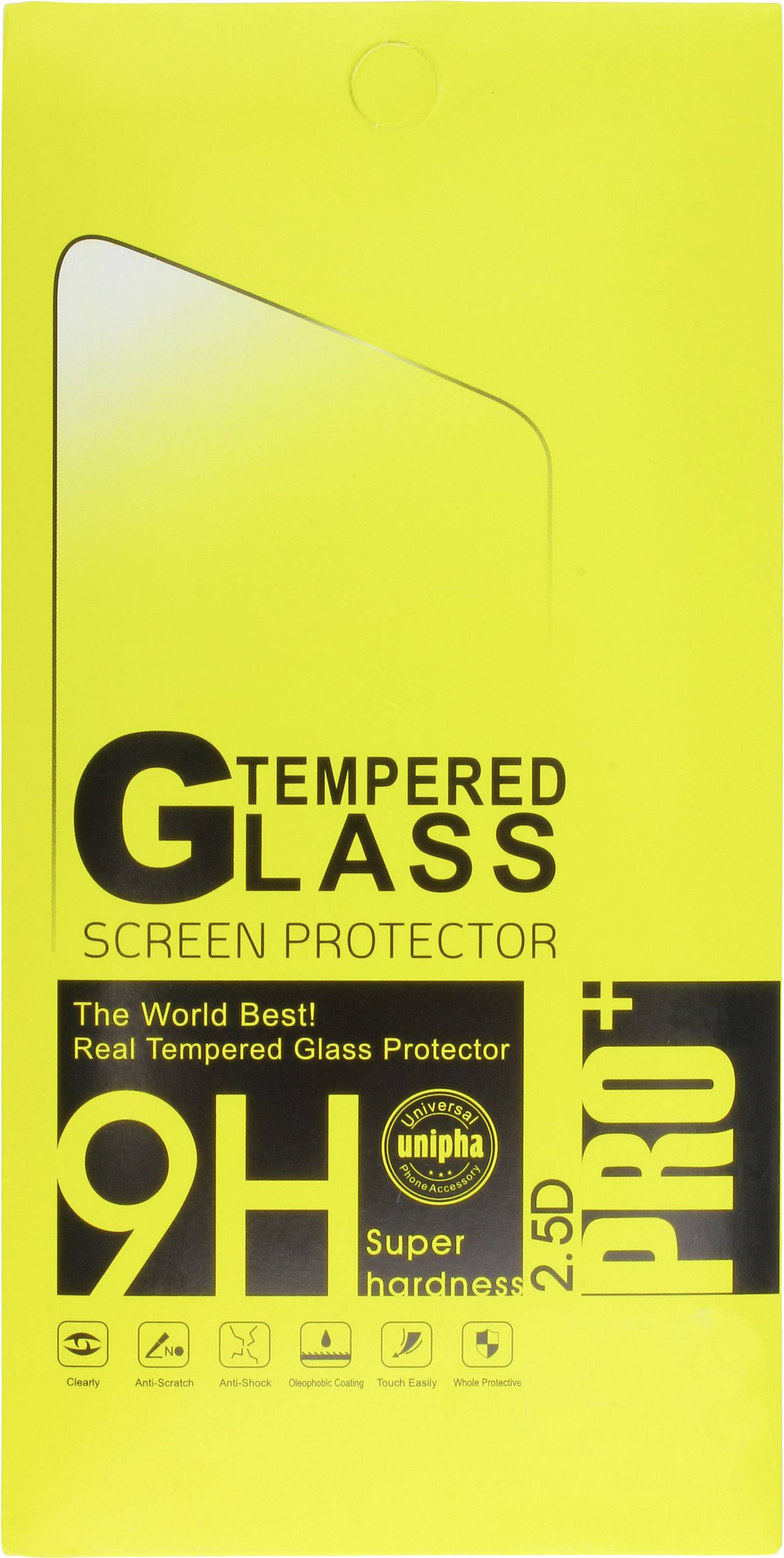 Gelbe Verpackung einer 9H gehärteten Glas-Schutzfolie für Bildschirme. Text: The World Best! Real Tempered Glass Protector.