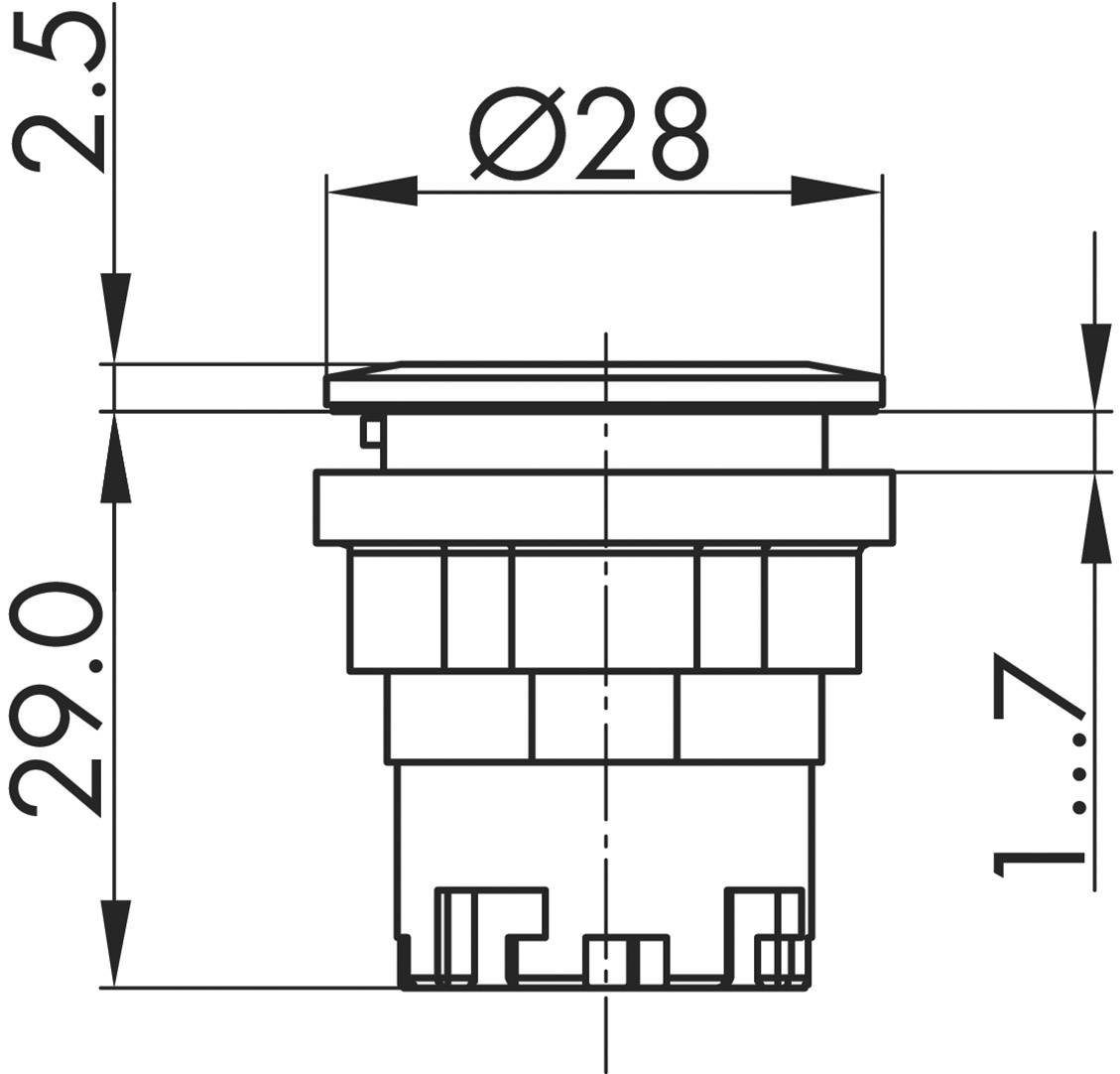 Technische Zeichnung eines runden Schalters mit einem Durchmesser von 28 mm, einer Gesamthöhe von 29 mm und einer Platte von 2,5 mm.