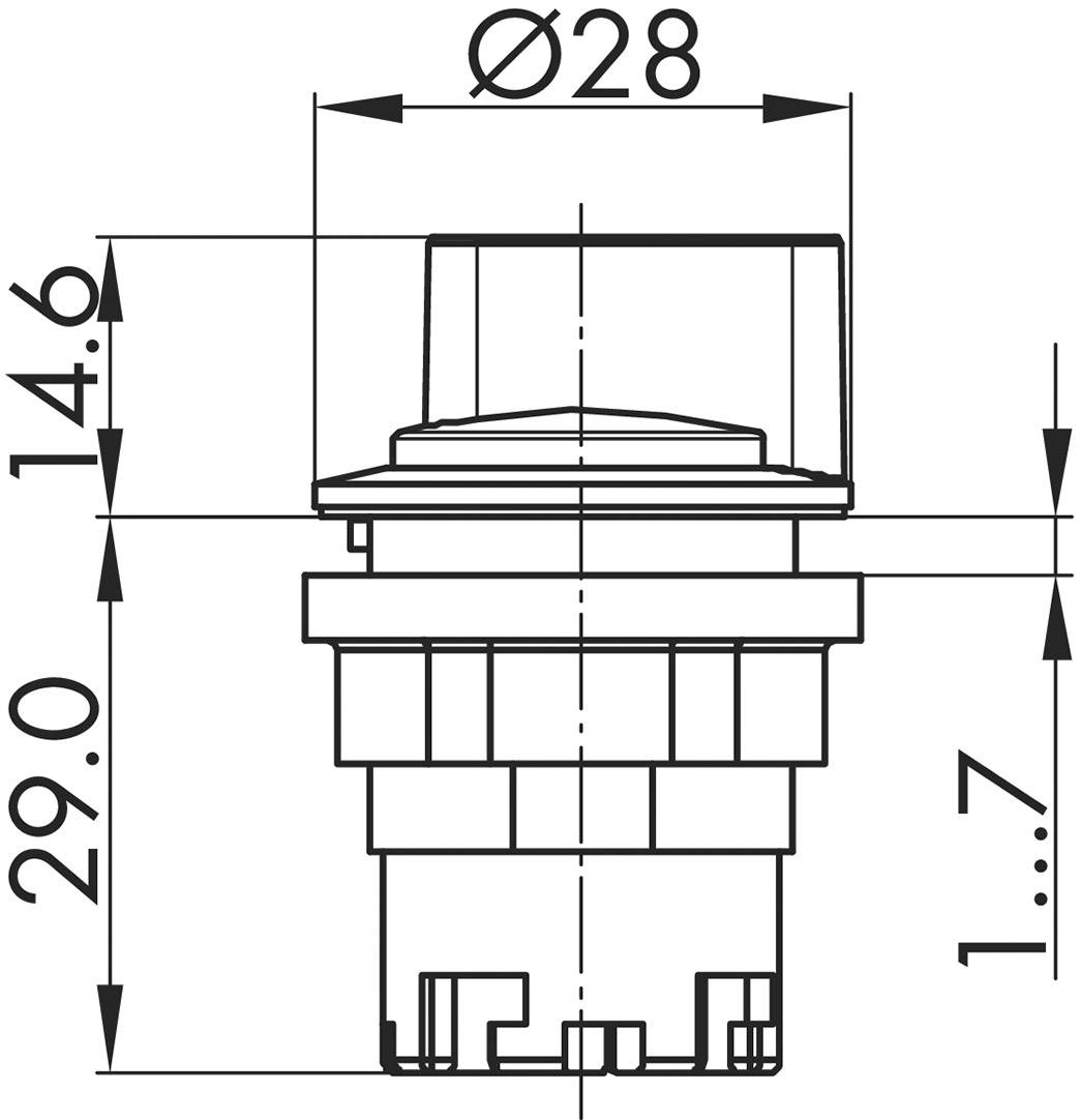 Technische Zeichnung eines runden Schalters mit Maßen: Durchmesser 28 mm, Höhe 29 mm, und Detailmaß 14,6 mm und 1,7 mm.