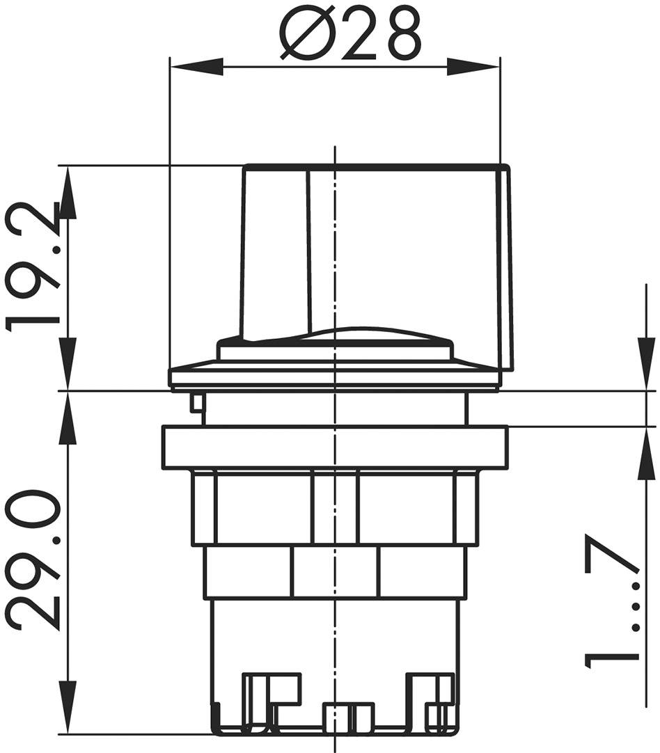 Technische Zeichnung eines Schalters mit Abmessungen: Gesamthöhe 29,0 mm, Knopfhöhe 19,2 mm, Durchmesser 28 mm.