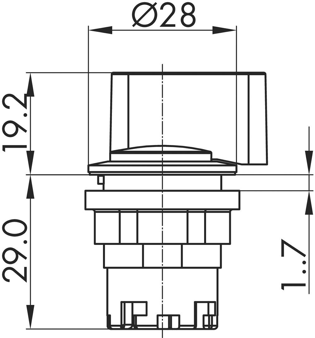 Technische Zeichnung eines zylindrischen Schalters mit Maßen: Durchmesser 28 mm, Höhe 19,2 mm, Gesamthöhe 29 mm, Einbautiefe 1,7 mm.