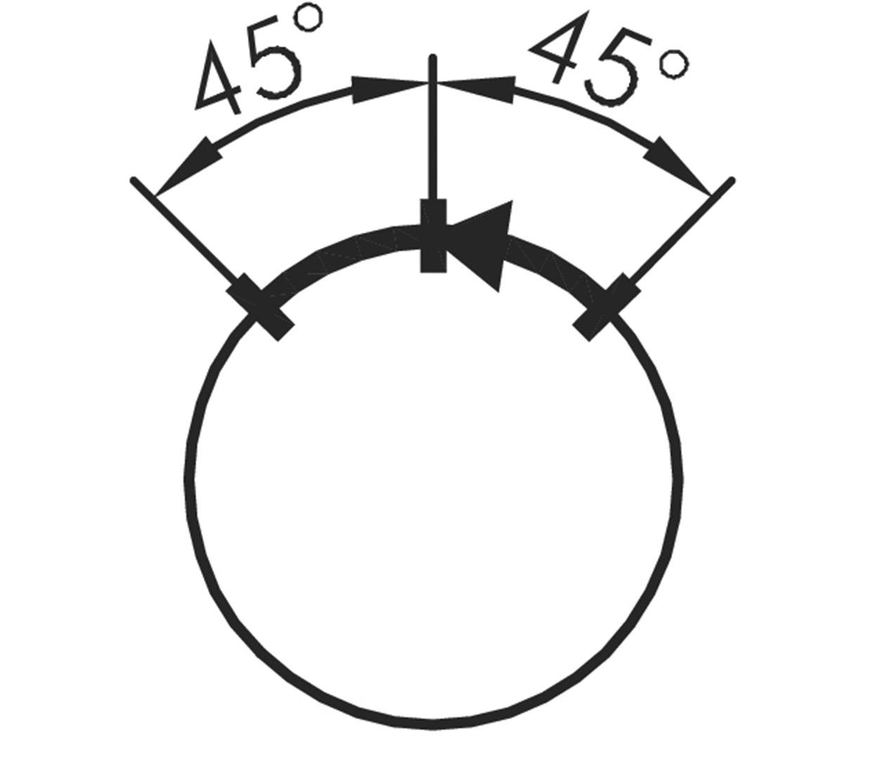 Kreis mit zwei Pfeilen, die jeweils 45° von einem zentralen Punkt abzweigen und einen Winkel von insgesamt 90° anzeigen.