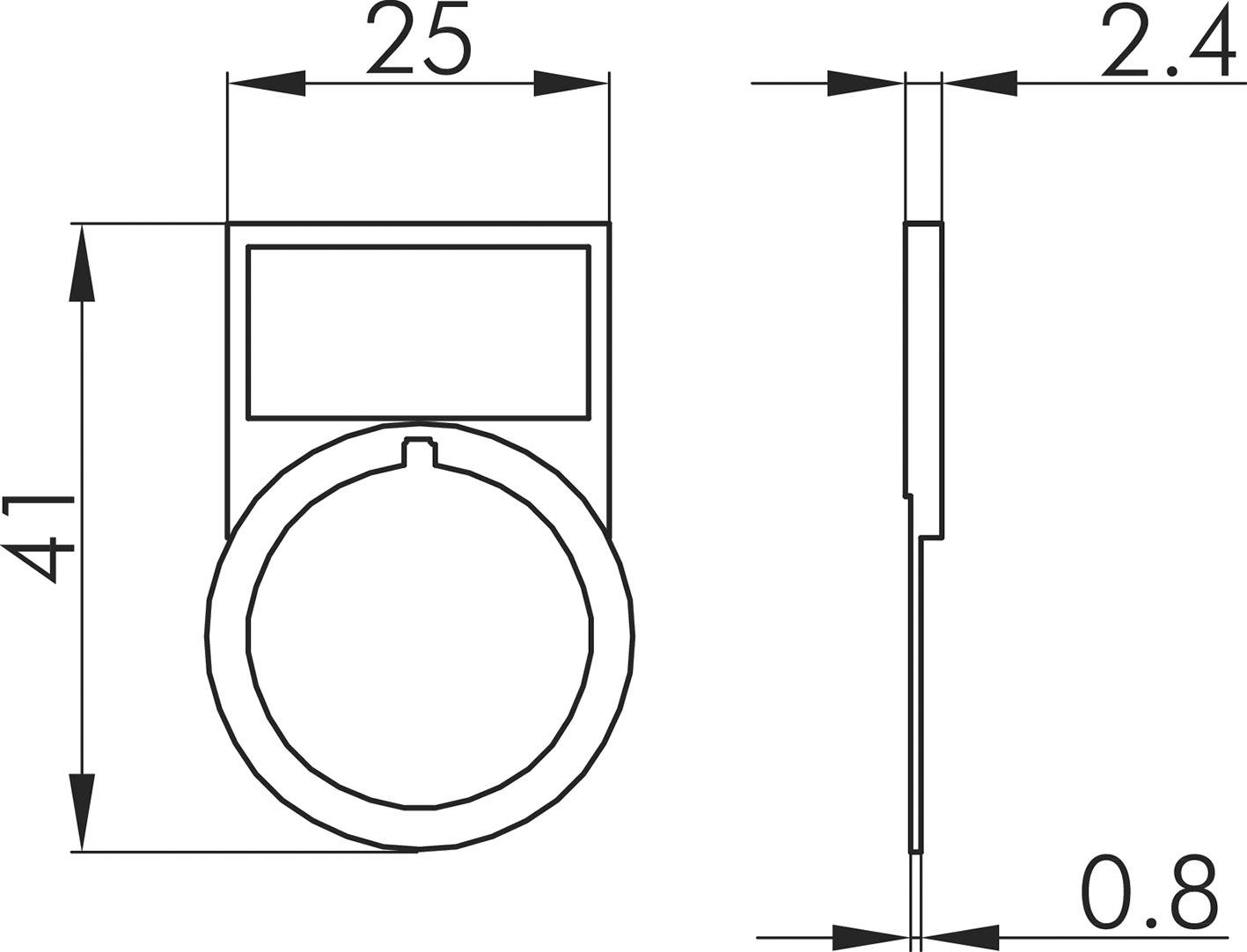 Technische Zeichnung eines Ringes mit Maßen: Breite 25 mm, Gesamthöhe 41 mm, Dicke 2,4 mm, Durchmesser der kreisförmigen Öffnung nicht spezifiziert, Materialstärke 0,8 mm.