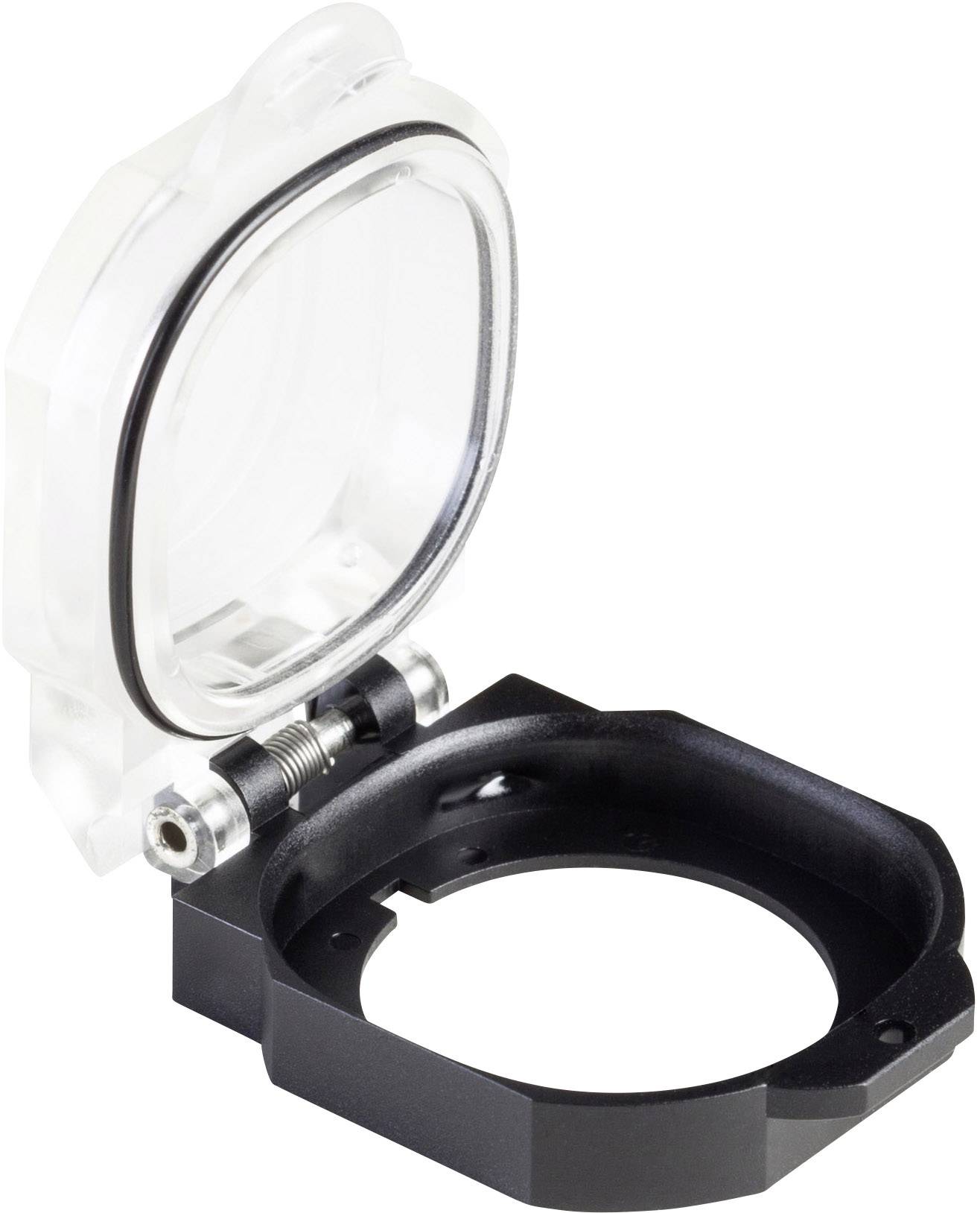 Ein transparenter, aufklappbarer Schutzdeckel für ein rundes Objekt. Er besteht aus klarem Kunststoff mit einem schwarzen Kunststoffrahmen.