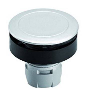 Ein runder, silberner Knopf mit einer schwarzen Basis und einem grauen Befestigungselement darunter.