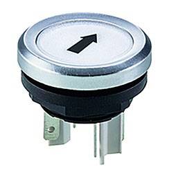 Runder Knopf mit Pfeil nach oben, silberfarben, geeignet für elektronische Steuerungen oder Bedienfelder.