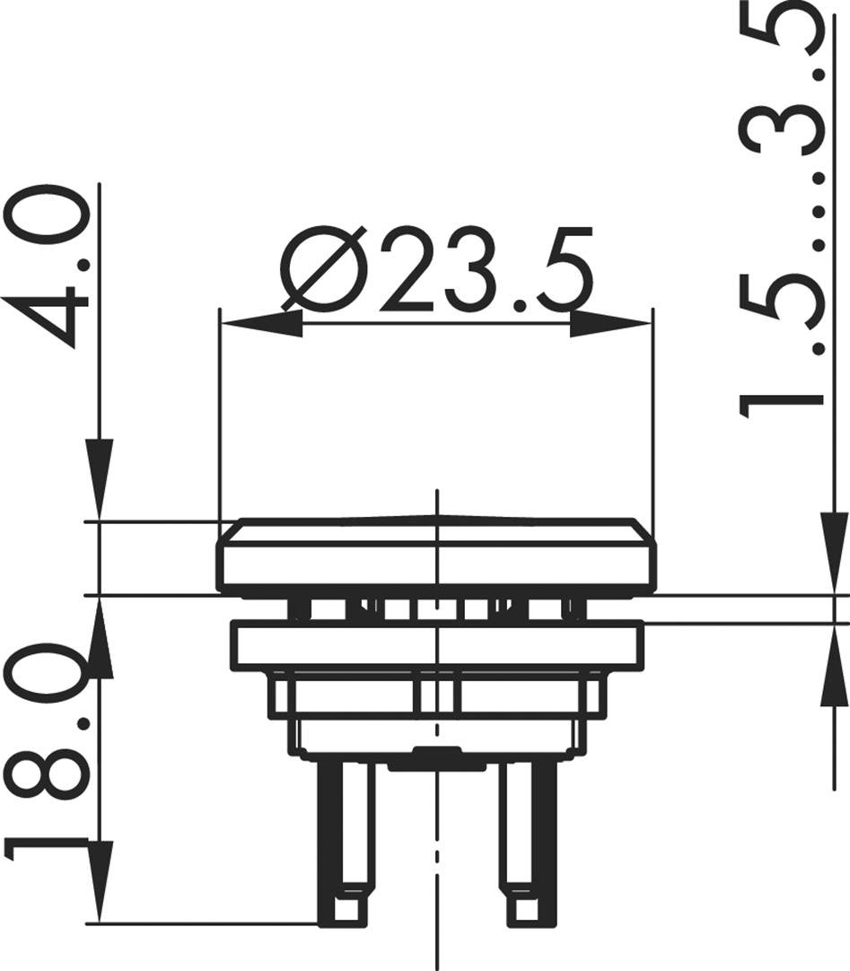 Technische Zeichnung eines zylindrischen Schalters mit Maßen: Durchmesser 23,5 mm, Gesamthöhe 18 mm, Einbauhöhe 4 mm.