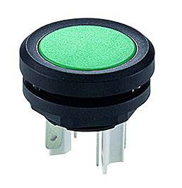 Ein grüner runder Druckknopf mit schwarzem Rahmen, geeignet für elektronische Geräte, zeigt den Betriebszustand an.