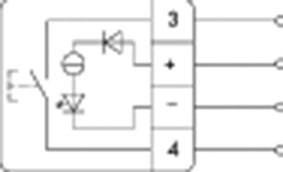 Schaltplan eines elektronischen Bauteils mit Dioden und Anschlüssen. Links Abgrenzung, rechts Anschlüsse beschriftet mit '3', '+', '-', '4'.