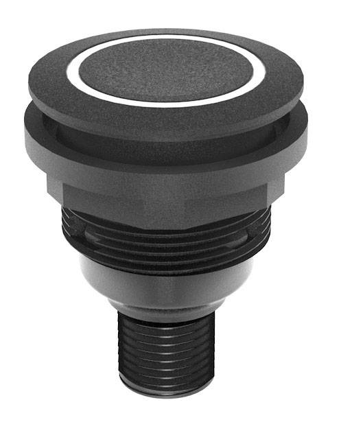 Ein schwarzer, runder Druckknopf mit Gewindeanschluss, geeignet für Maschinensteuerungen oder elektronische Anwendungen.