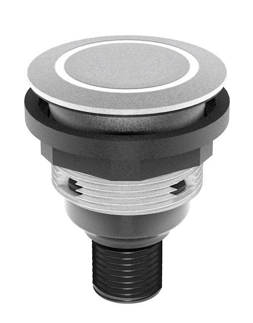 Runder Druckknopf aus Metall mit Schraubgewinde, geeignet zum Ein- und Ausschalten von Geräten oder Maschinen, in moderner Ausführung.