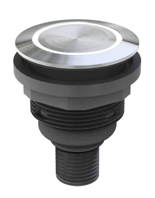 Metallischer Knopf mit rundem, silbernem Kopf und schwarzem, gerilltem Sockel, oft für Geräte oder Maschinen verwendet.