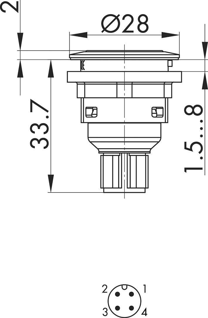 Technische Zeichnung eines zylindrischen Bauteils mit Durchmesserangabe 'Ø28', Höhe '33.7', und Pinbelegung unten.