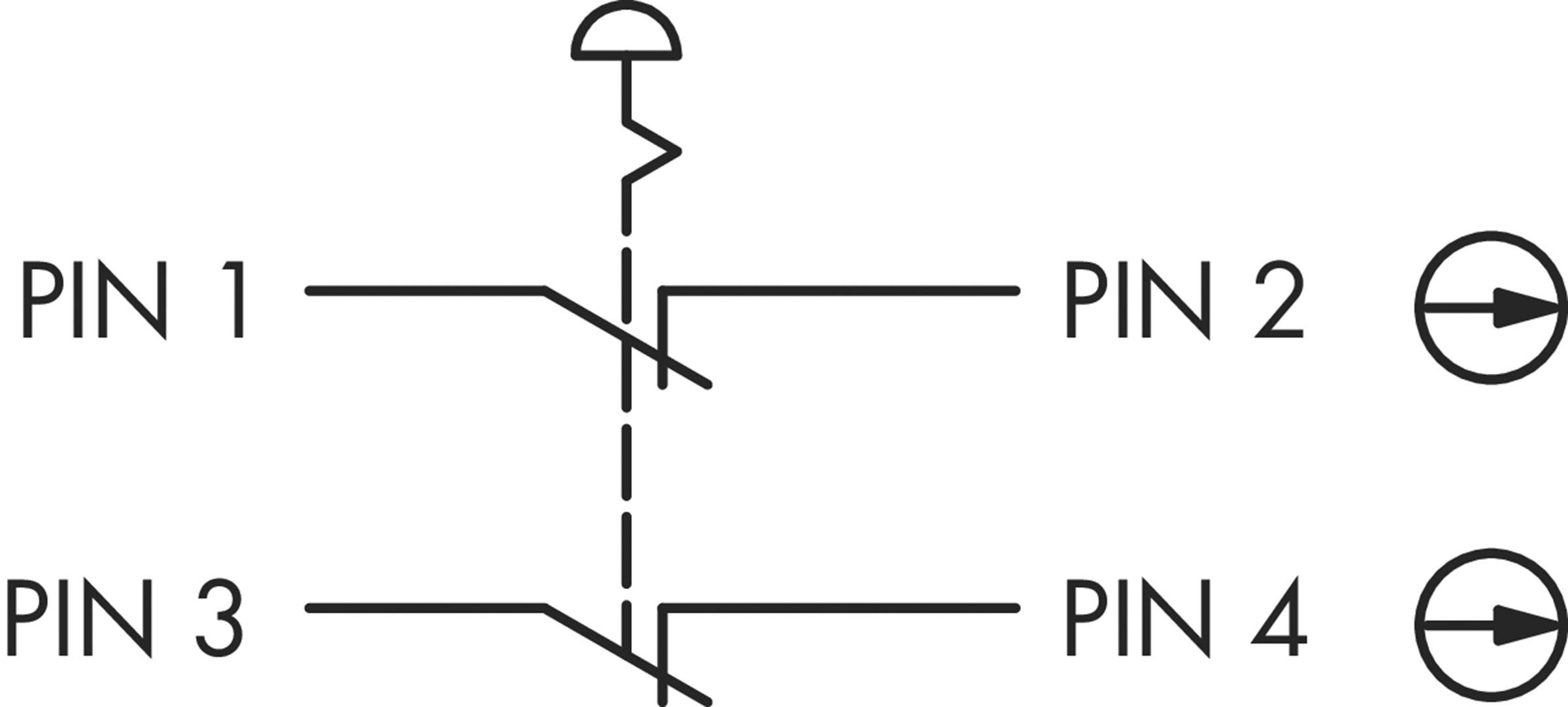 Schaltplan eines Optokopplers: Eingang an PIN 1 und 2, LED, Transistor-Ausgang an PIN 3 und 4, Pfeile zeigen Stromrichtung.