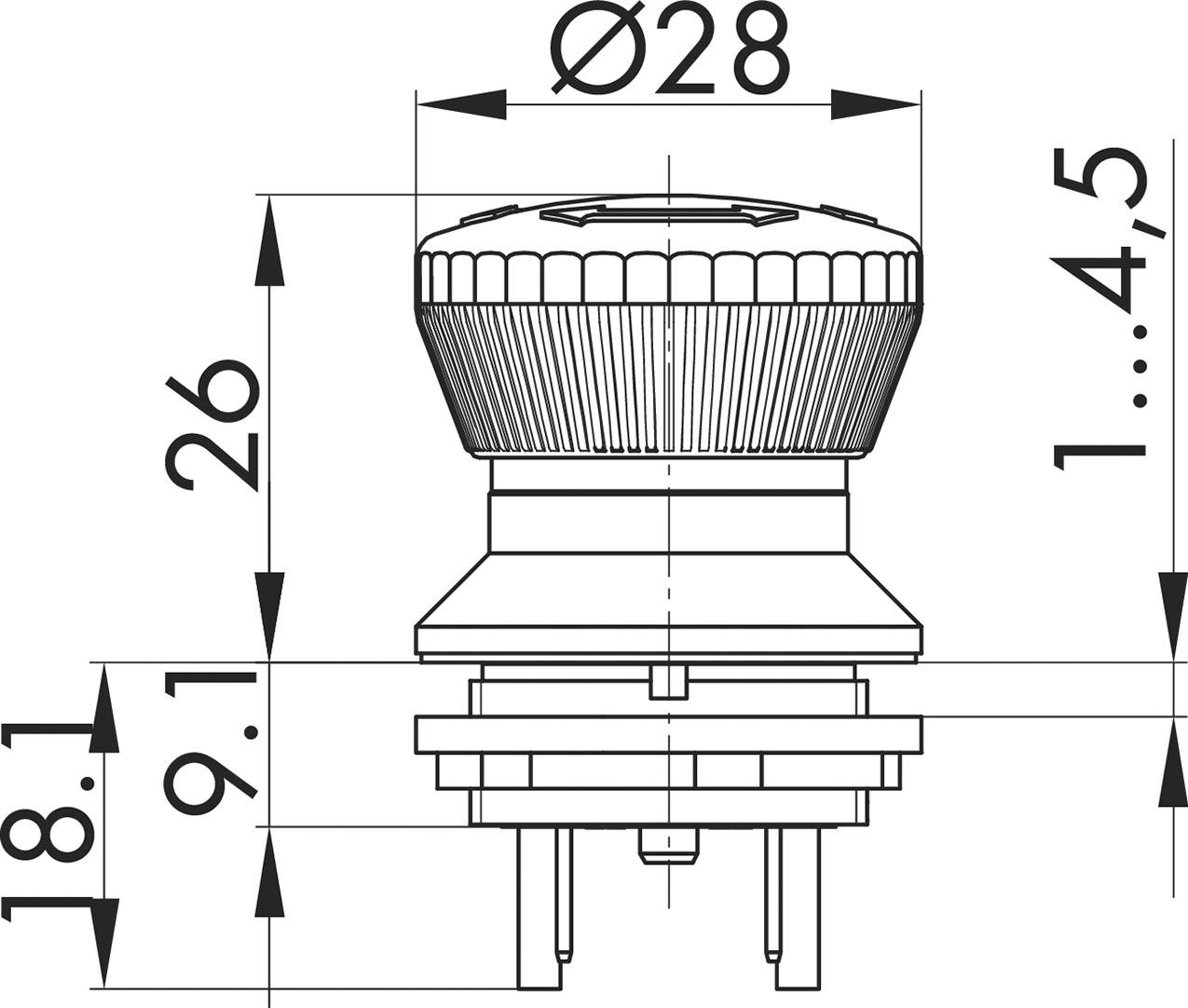 Technische Zeichnung eines runden Schalters mit Maßen: Durchmesser 28 mm, Höhe 1 bis 4,5 mm, Gesamthöhe 26 mm, Anschlussstifte unten.
