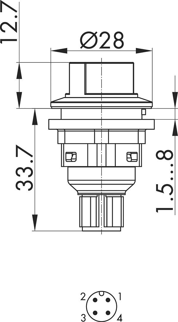 Technische Zeichnung eines runden Schalters mit Maßen: Durchmesser 28 mm, Höhe 33,7 mm, Einbautiefe 1,5-8 mm. Zeigt Anschluss-Pinbelegung.