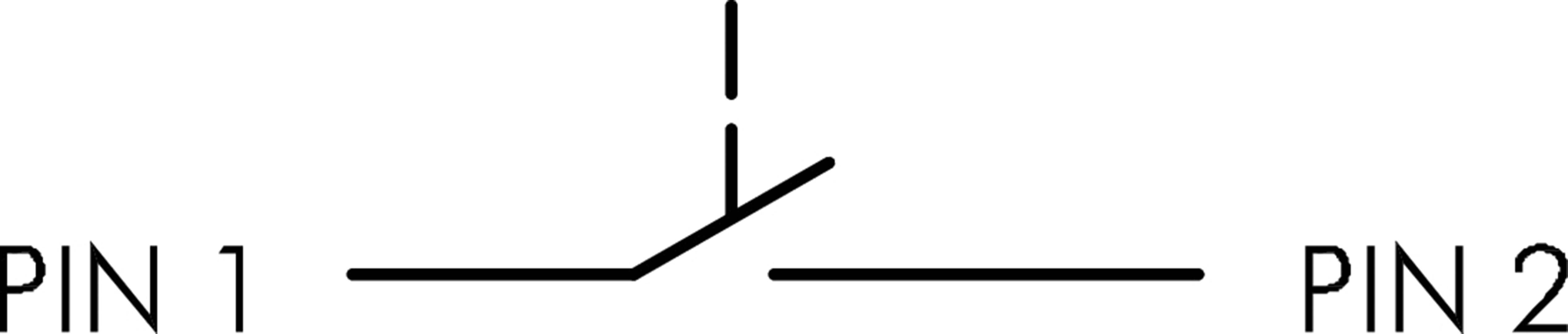 Schaltsymbol für einen Wechsel-Dip-Schalter. Der Schalter verbindet PIN 1 mit PIN 2, wenn er aktiviert ist.