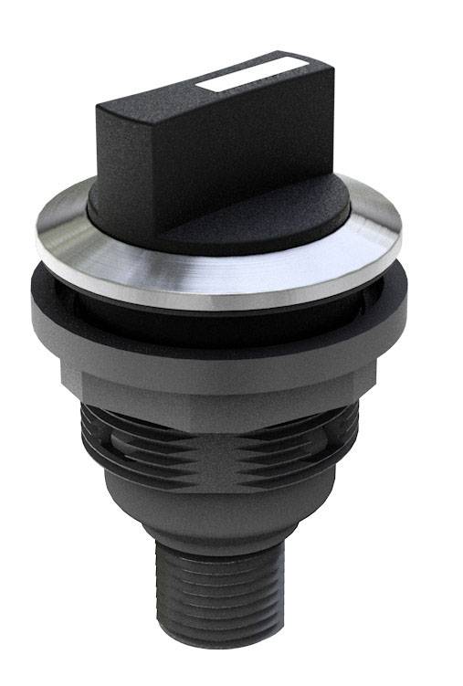 Ein schwarzer, runder Schalter mit einem metallischen Rand und einem rechteckigen Bedienteil.