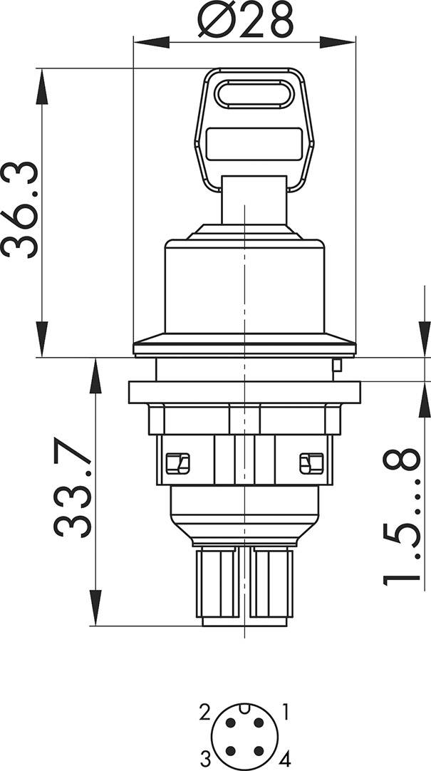 Technische Zeichnung eines runden 3-Wege-Schalters mit Abmessungen ø28 mm, Höhe 36,3 mm und 33,7 mm, Detailansicht der Steckverbindungen.