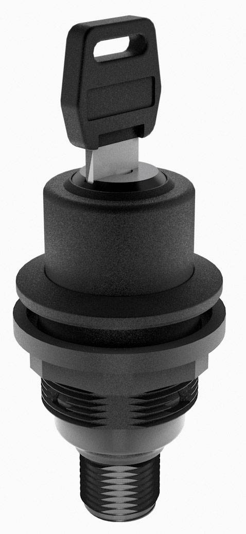 Ein schwarzes Sicherheitsschloss mit Schlüssel, das für den Einbau in Maschinen oder Geräte verwendet wird.