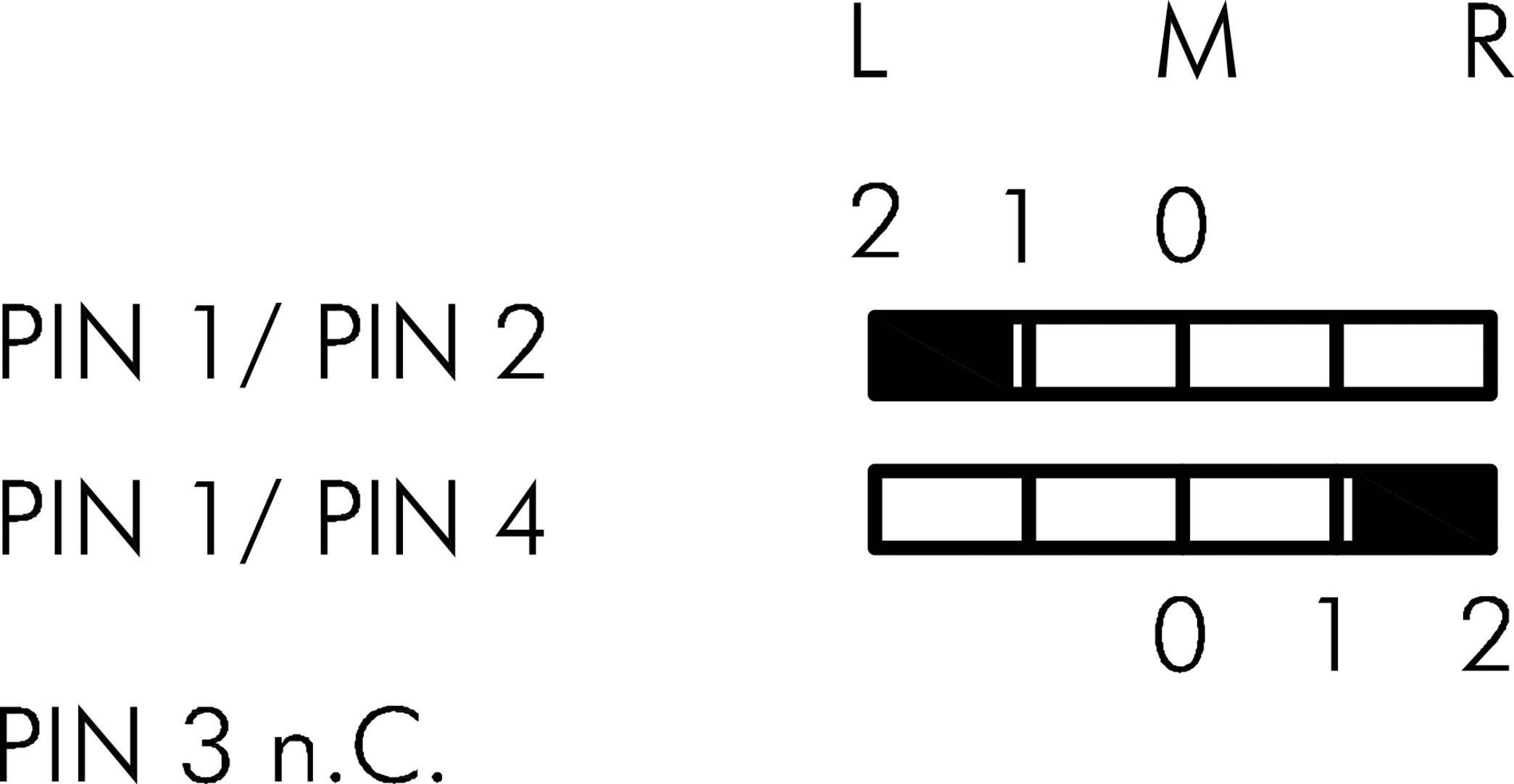 PIN-Diagramm: Obere Grafik zeigt die Verbindung von PIN 1/2 mit Kennzeichnung L, M, R. Untere Grafik zeigt PIN 1/4 mit n.C. bei PIN 3.