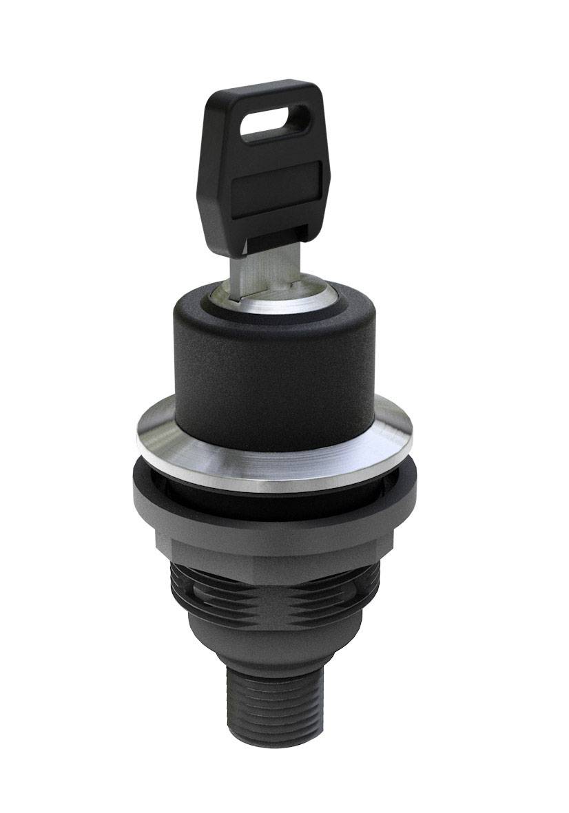 Schalter mit schwarzem Gehäuse und silbernem Rand, Schlüssel steckt im oberen Teil. Eignet sich zur Sicherung oder Kontrolle von Systemen.