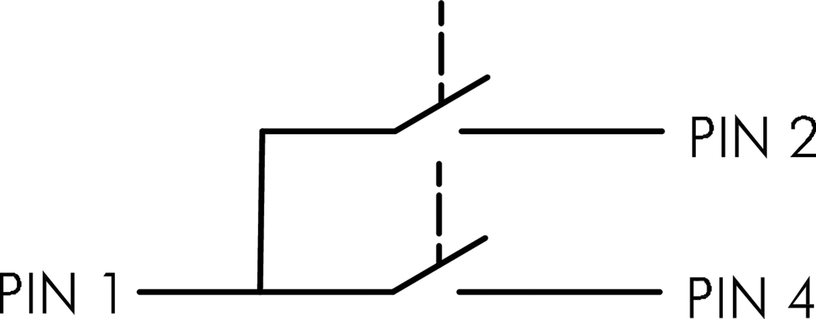 Schaltsymbol eines Umschalters mit vier Pins: Pin 1 verbunden mit Pin 2, alternative Verbindung zu Pin 4.
