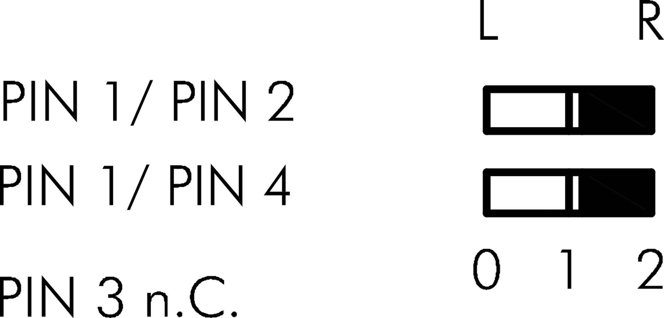 'PIN 1/PIN 2' zeigt Balken ganz ausgefüllt. 'PIN 1/PIN 4' zeigt halb ausgefüllten Balken mit Markierungen für 0 und 1. 'R' ist mit 1 markiert.