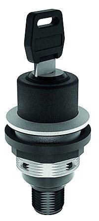 Schwarzes Schaltsystem mit integriertem Schloss und Schlüssel, zylindrische Form, industrielles Design, seitliche Ansicht.