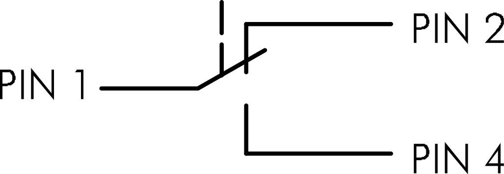 'PIN 1' ist mit 'PIN 2' über einen diagonalen Leiter verbunden, der einen Schalter symbolisiert. 'PIN 4' ist unten ohne Verbindung dargestellt.