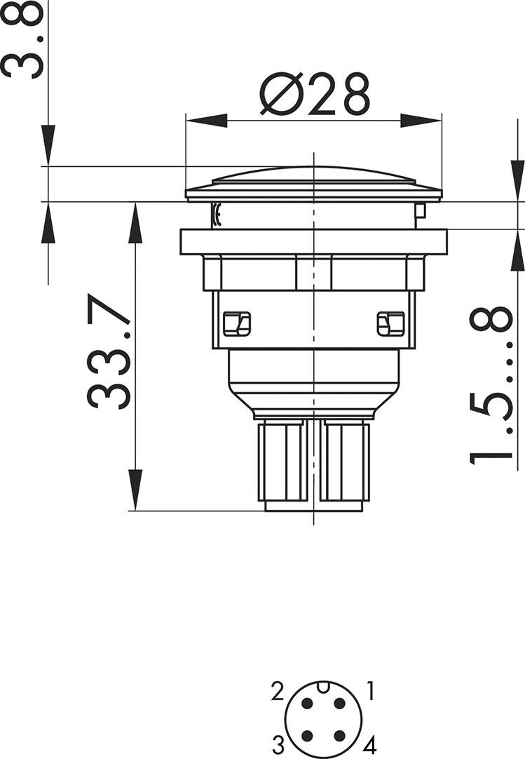 Technische Zeichnung eines kreisförmigen Bauteils mit Maßen: Durchmesser 28 mm, Höhe 33,7 mm, fünf Anschlusskontakte unten nummeriert.