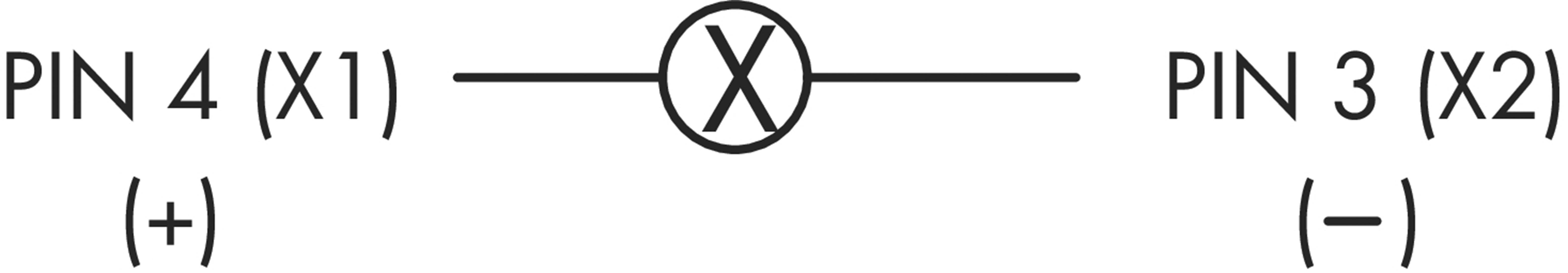 Schaltsymbol für einen Transformator oder Übertrager mit zwei Anschlüssen: 'PIN 4 (X1) (+)' und 'PIN 3 (X2) (-)'.