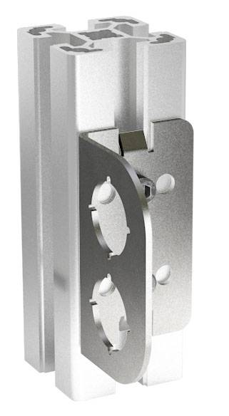 Ein silbernes Aluminiumprofil mit zwei breiten Kerben und einer montierten Metallhalterung, die zwei runde Aussparungen aufweist.