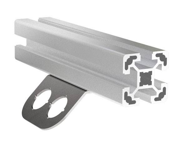 Metallisches T-Profil mit zwei ovalen Befestigungslöchern und mehreren Führungselementen. Verwendbar für industrielle Montagesysteme.