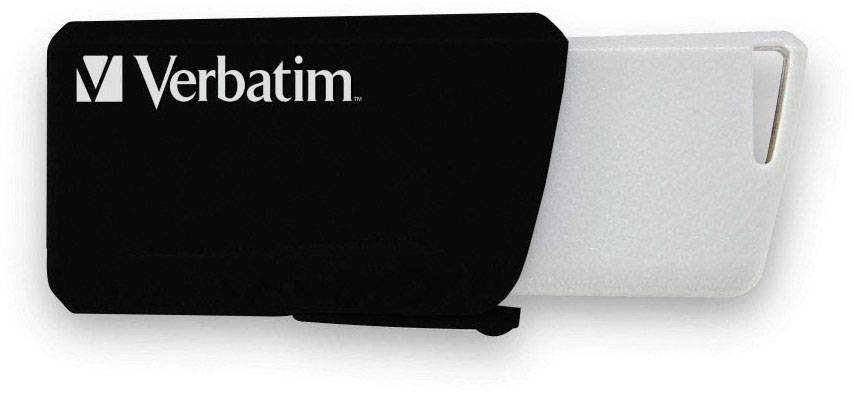 Ein schwarzer USB-Stick der Marke Verbatim mit teilweise weißem Gehäuse, offen zur Ansicht des Steckers.