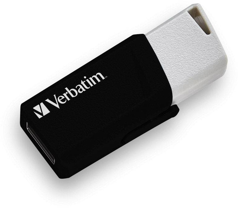 Ein schwarzer USB-Stick der Marke Verbatim mit weißem Stecker, geeignet zur Speicherung und Übertragung von digitalen Daten.