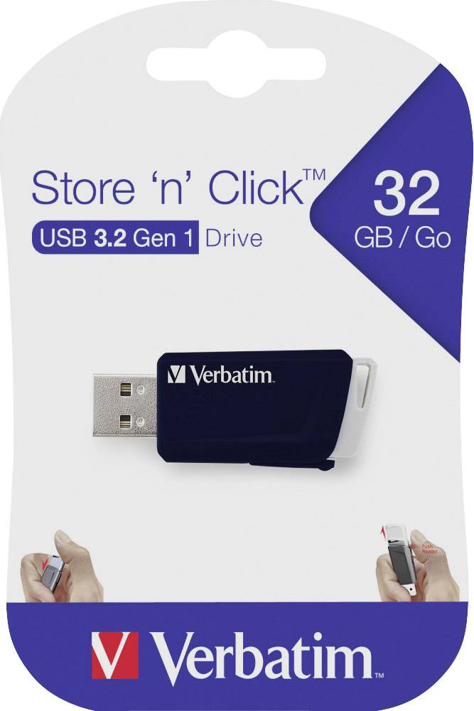 'Verbatim Store 'n' Click' USB-Laufwerk mit 32 GB Speicherplatz. Zeigt Detailansicht des Laufwerks und Hand beim Öffnen der Abdeckung.