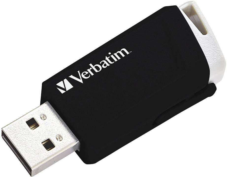 Ein schwarzer USB-Stick der Marke Verbatim mit abnehmbarem Deckel, der gängig für Datenspeicherung und -übertragung verwendet wird.