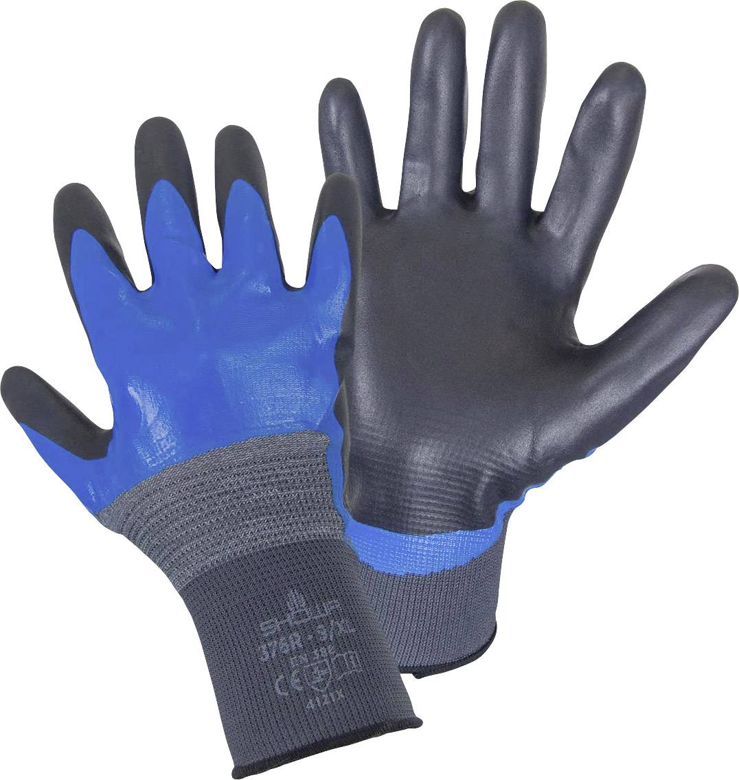 Ein Paar Arbeits-Handschuhe: einer blau-schwarz, einer komplett schwarz. Text am Bündchen zeigt Größe und Schutzklasse.