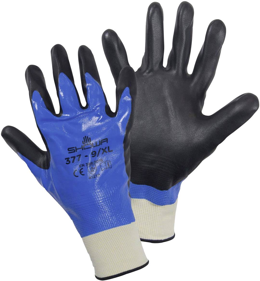 Zwei Arbeitshandschuhe, blau und schwarz, mit gestrickter Manschette und rutschfester Beschichtung; Markenname 'SHOWA' sichtbar.