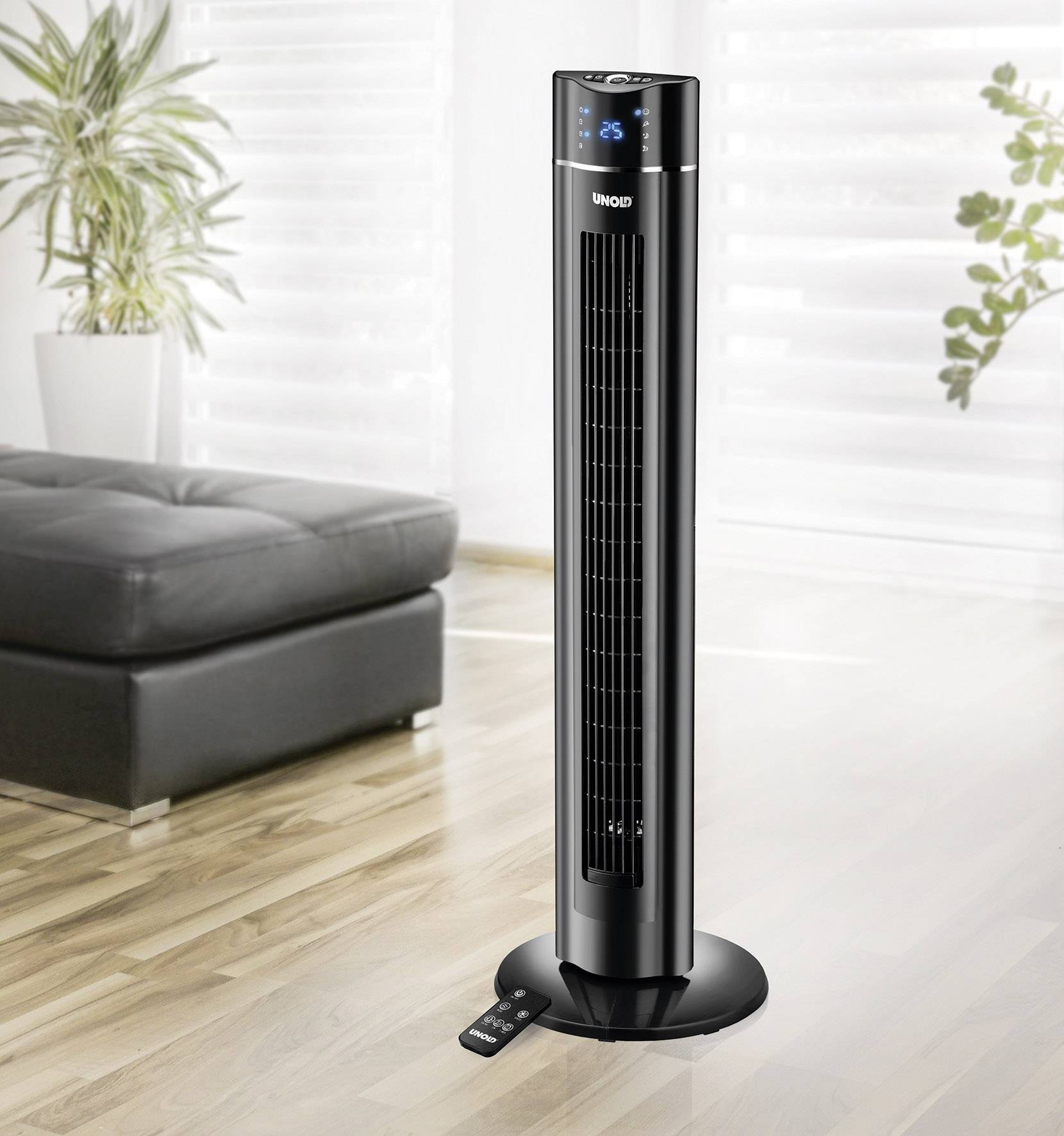 Unold Skyline Turmventilator 60 W (L x B x H) 325 x 325 x 1066 mm Schwarz mit Fernbedienung, Oszillierend, Timer, LED-Display